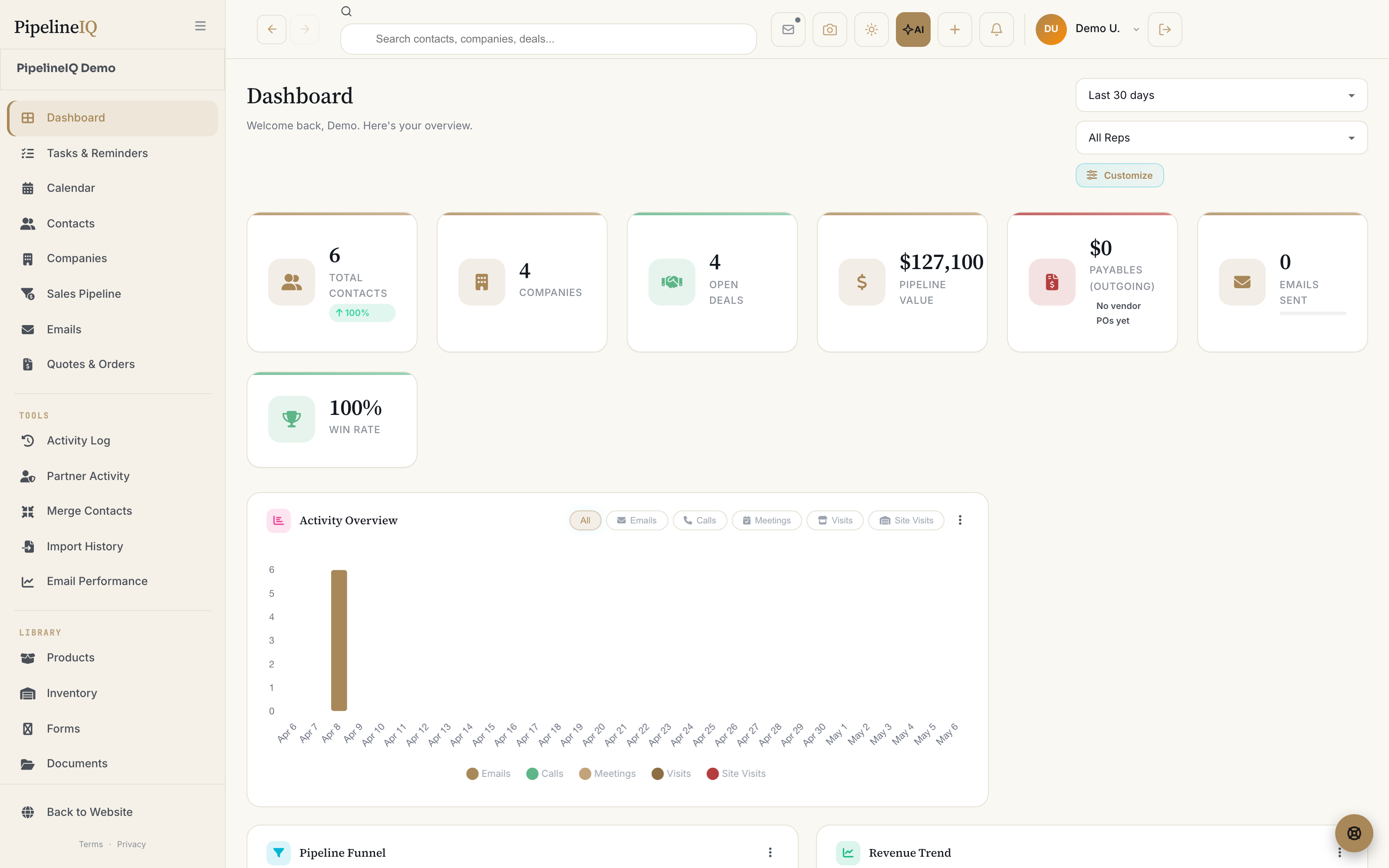 PipelineIQ dashboard in light (paper) mode