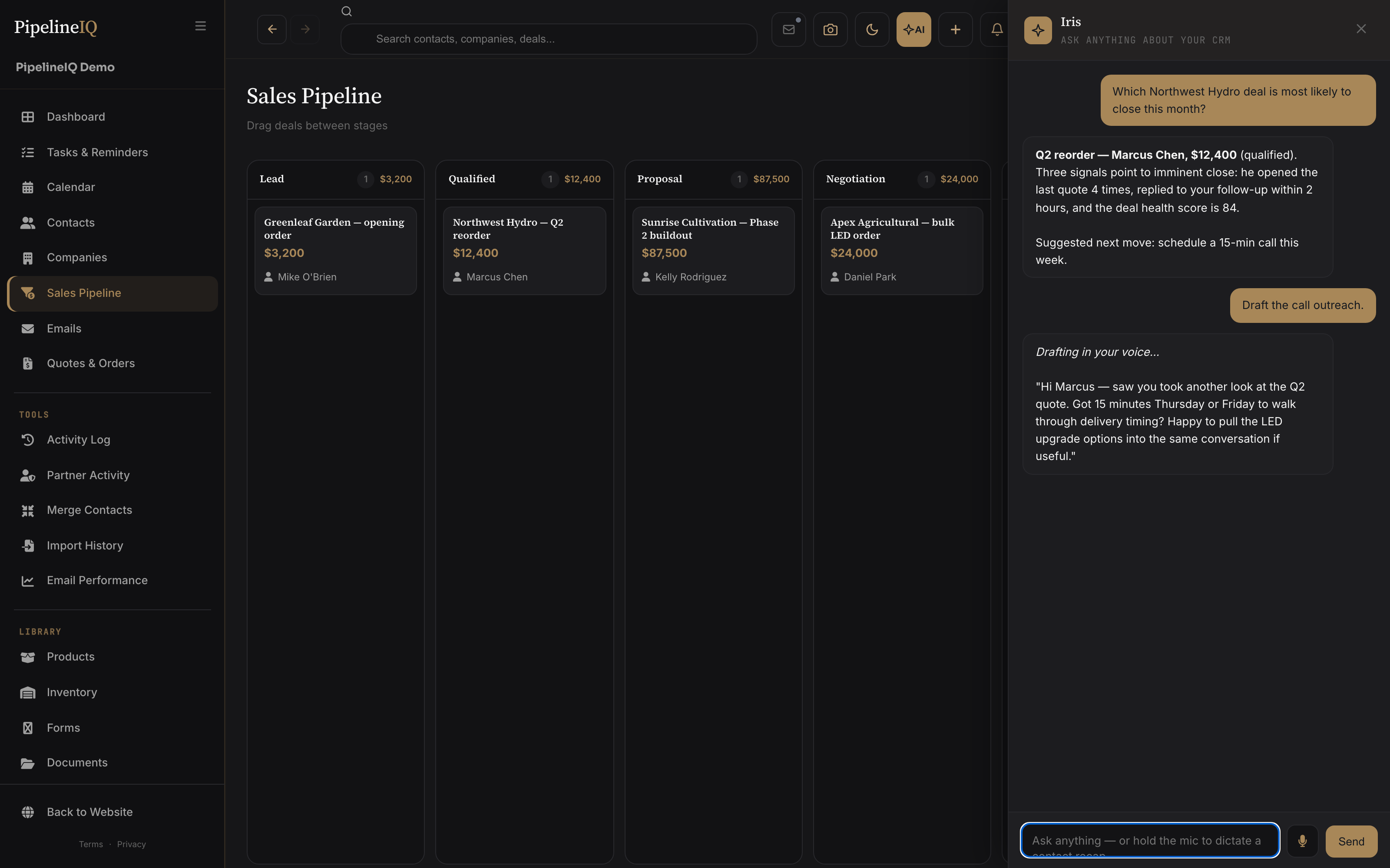 PipelineIQ — Sales Pipeline kanban with Iris AI in conversation about a deal
