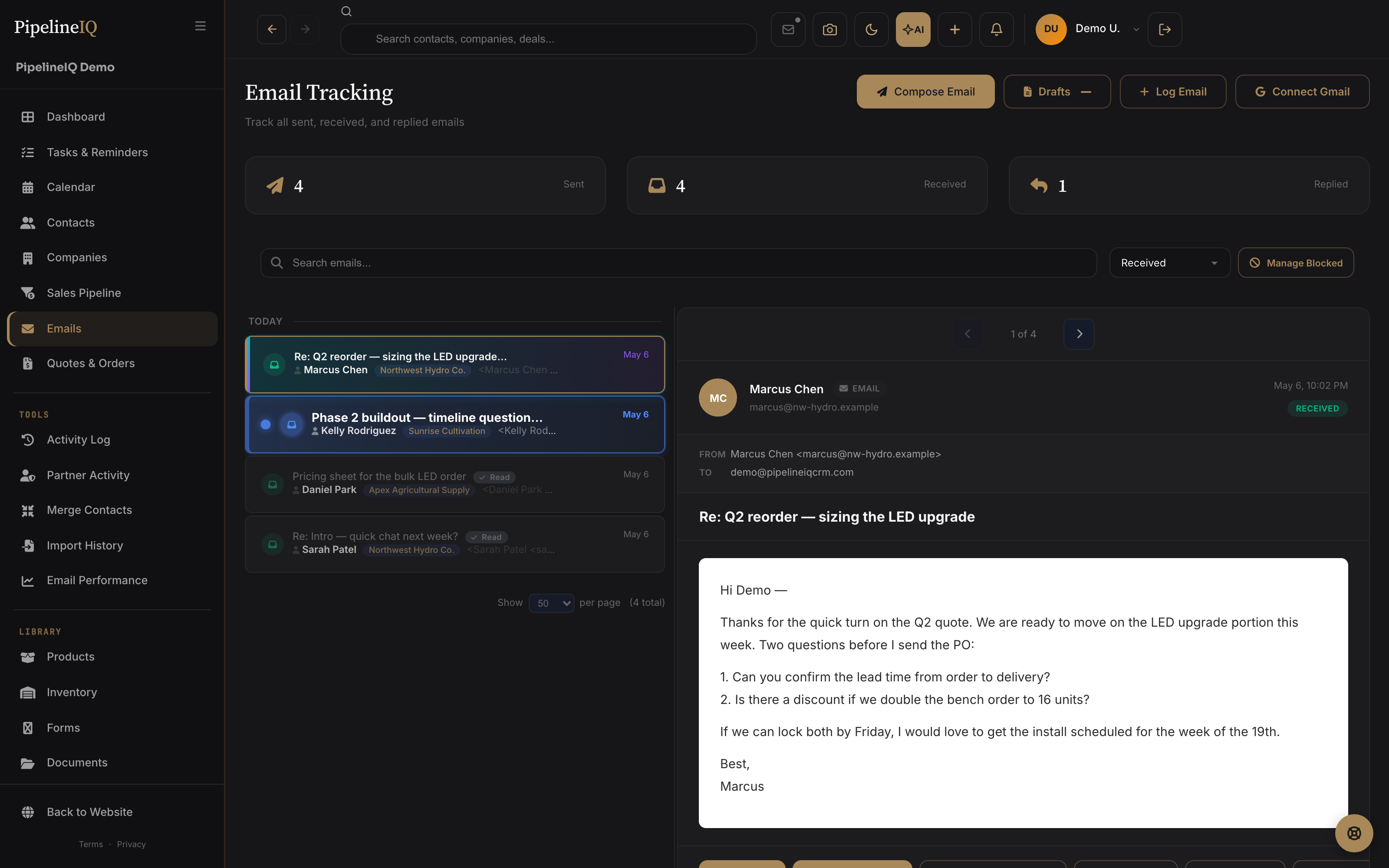 Email inbox with split sent and received view, send-via and recipient columns