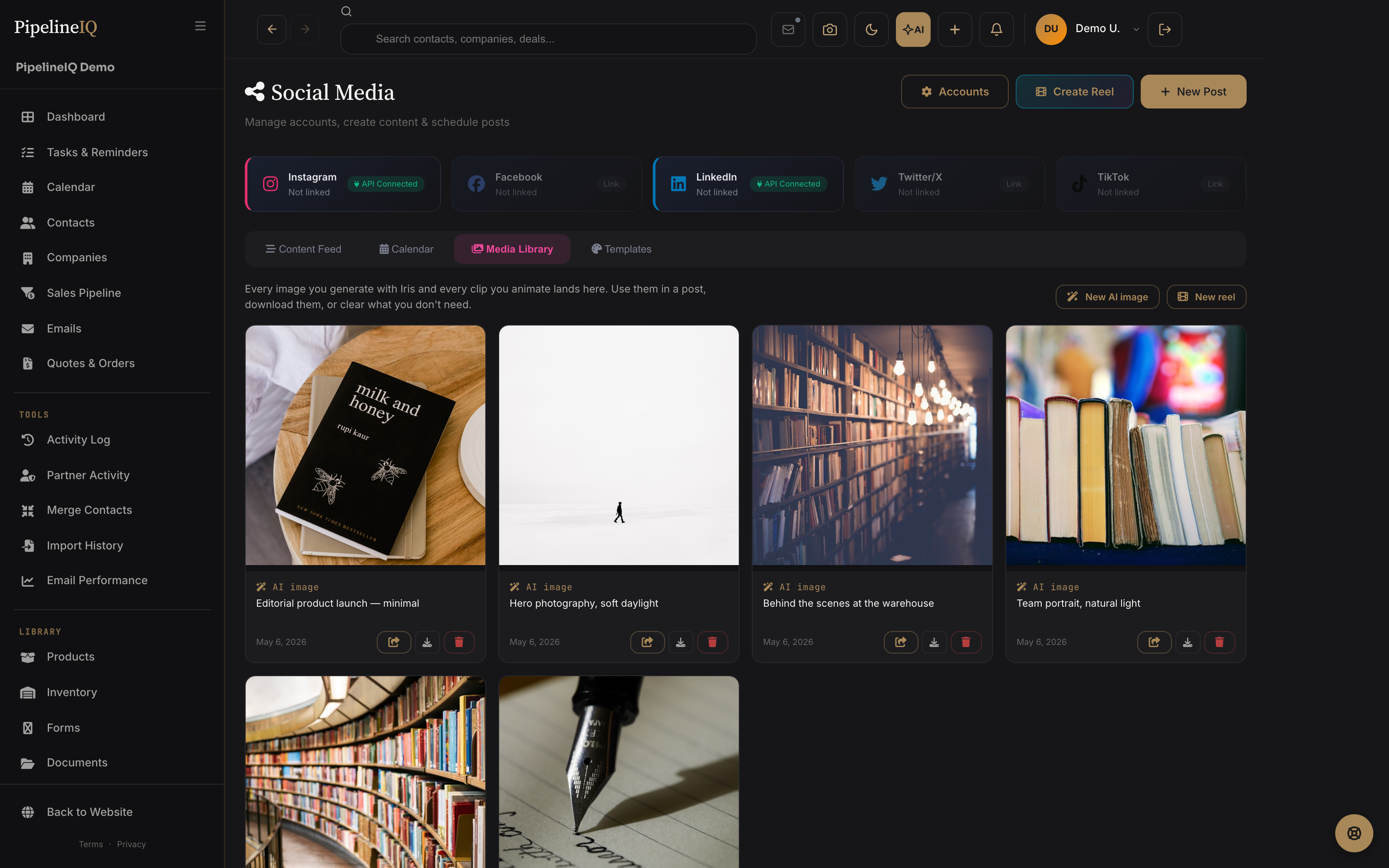 Social Media Library — Iris-generated images and animated reel clips