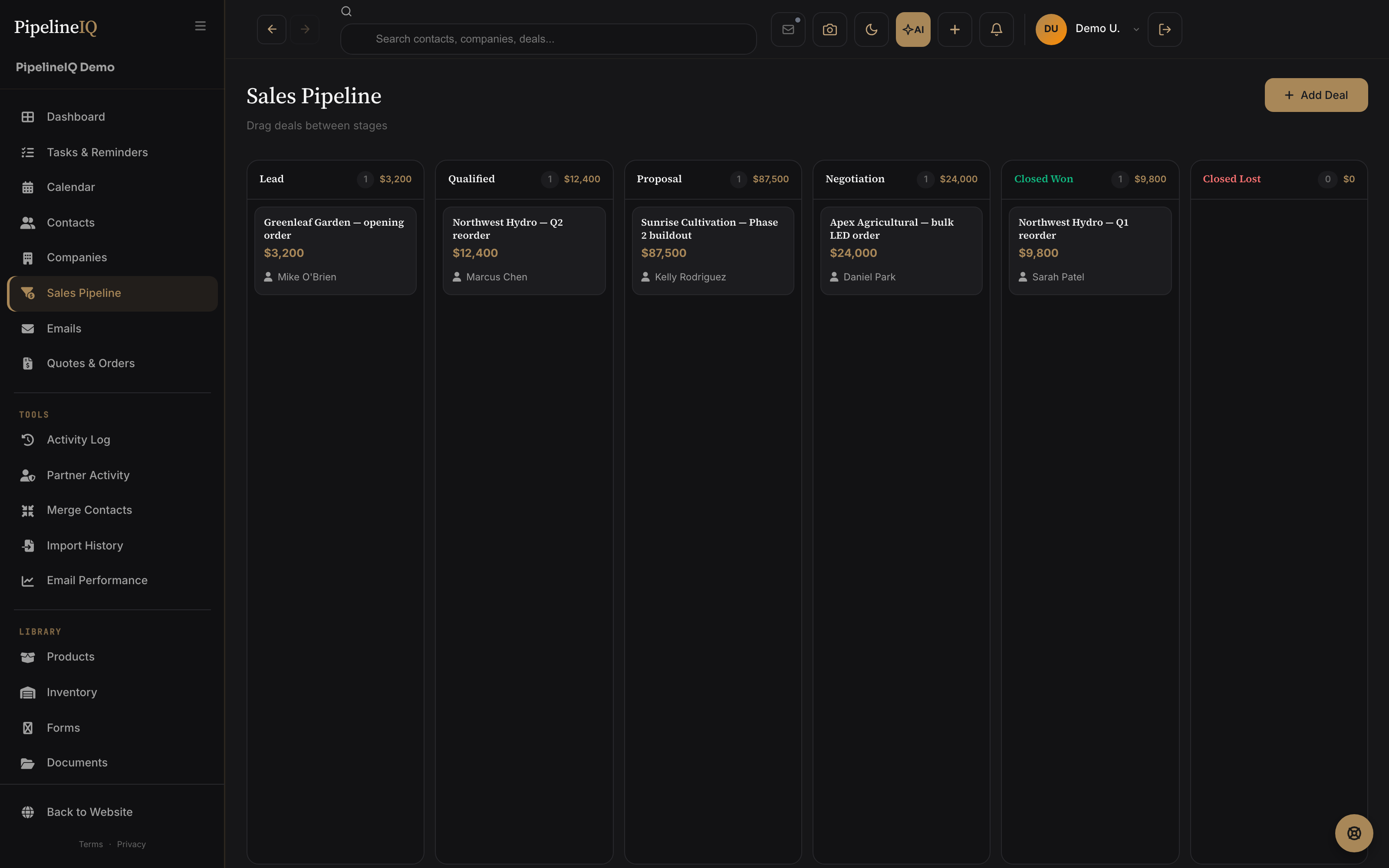 Sales Pipeline kanban with deals across stages