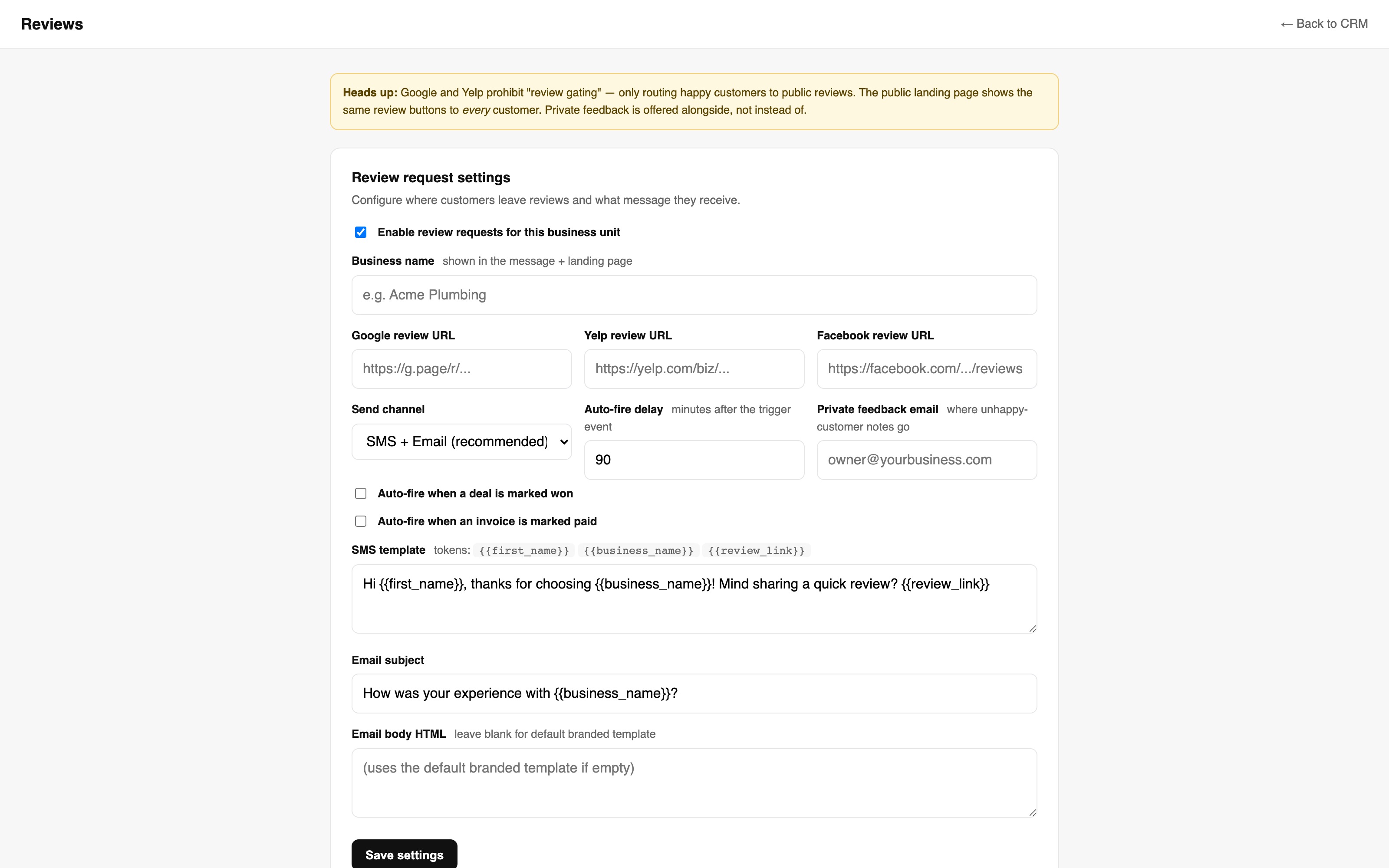 Reviews admin — configure auto-fire triggers, public review URLs, and the message templates customers receive