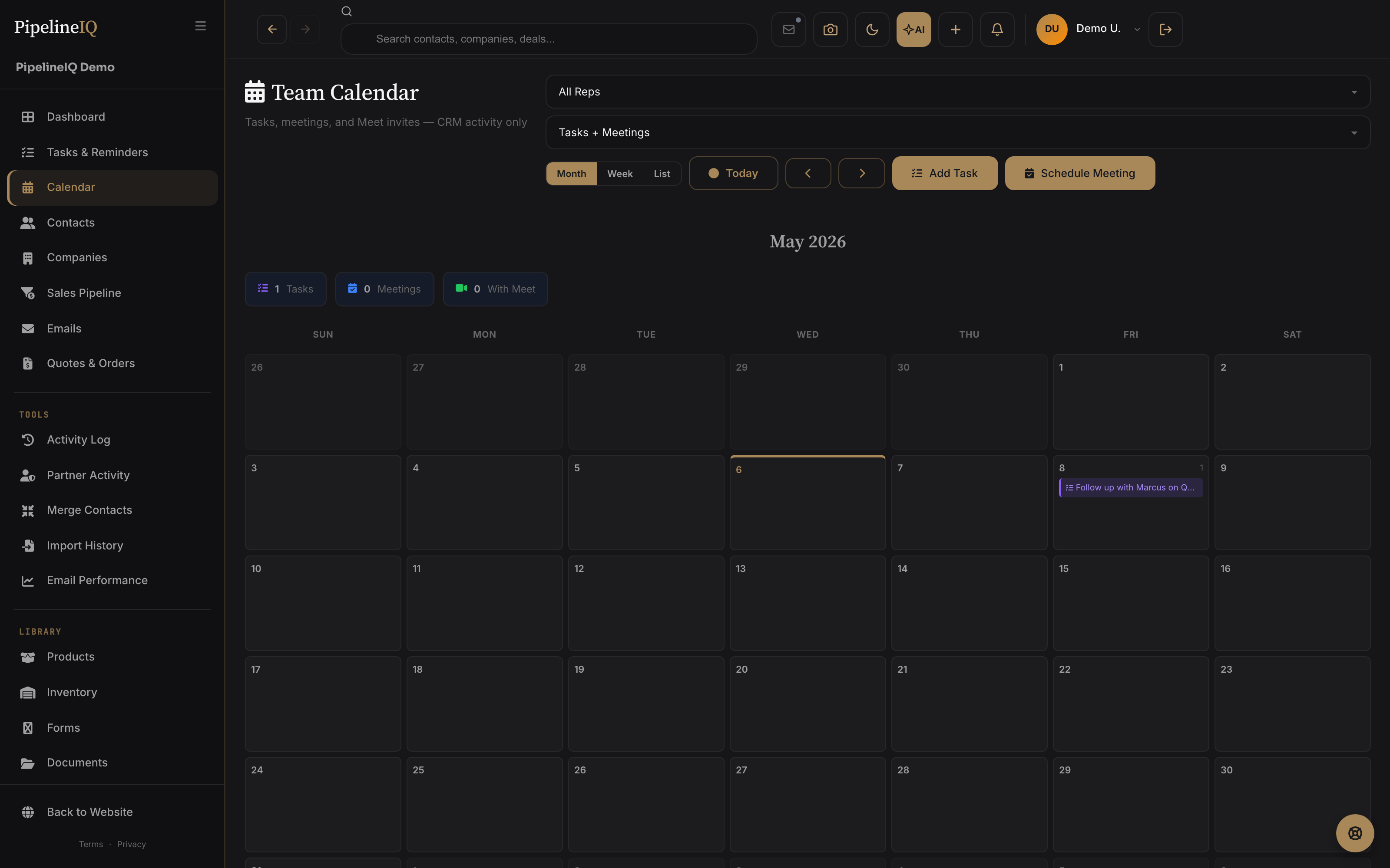 Team calendar with tasks and meetings